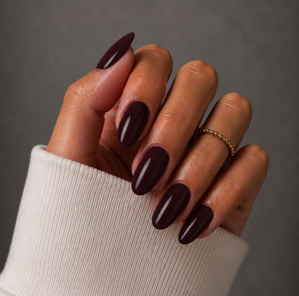 Opaque Deep Berry Red Glossy Almonds — Black Cherry Nails