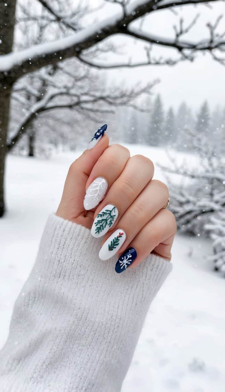 Detailed Winter Motifs with Pine Branches Detailed Winter Motifs with Pine Branches — Winter Nail Designs