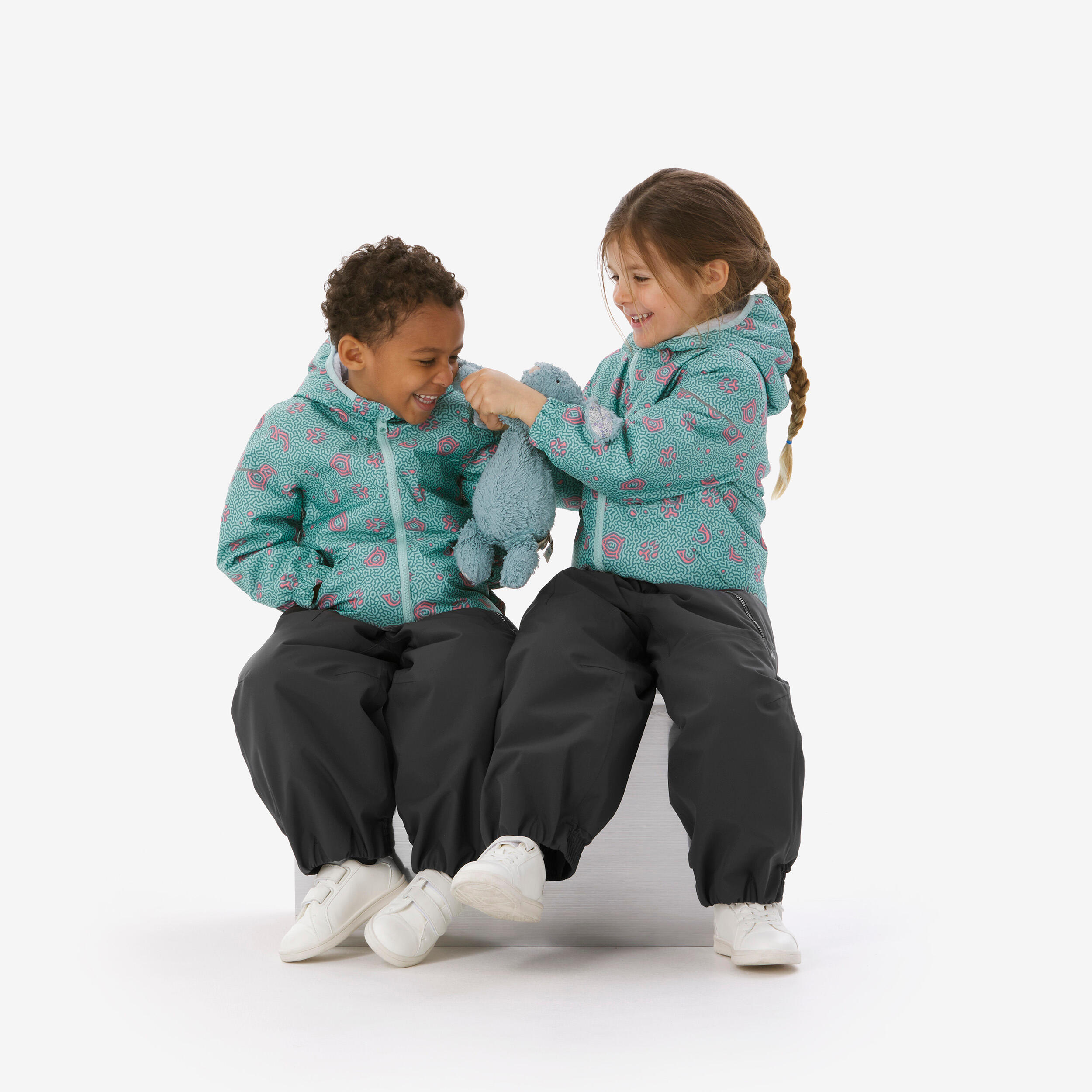 Teal Patterned Jackets and Grey Trousers for Casual Style — Winter Outfits for Kids