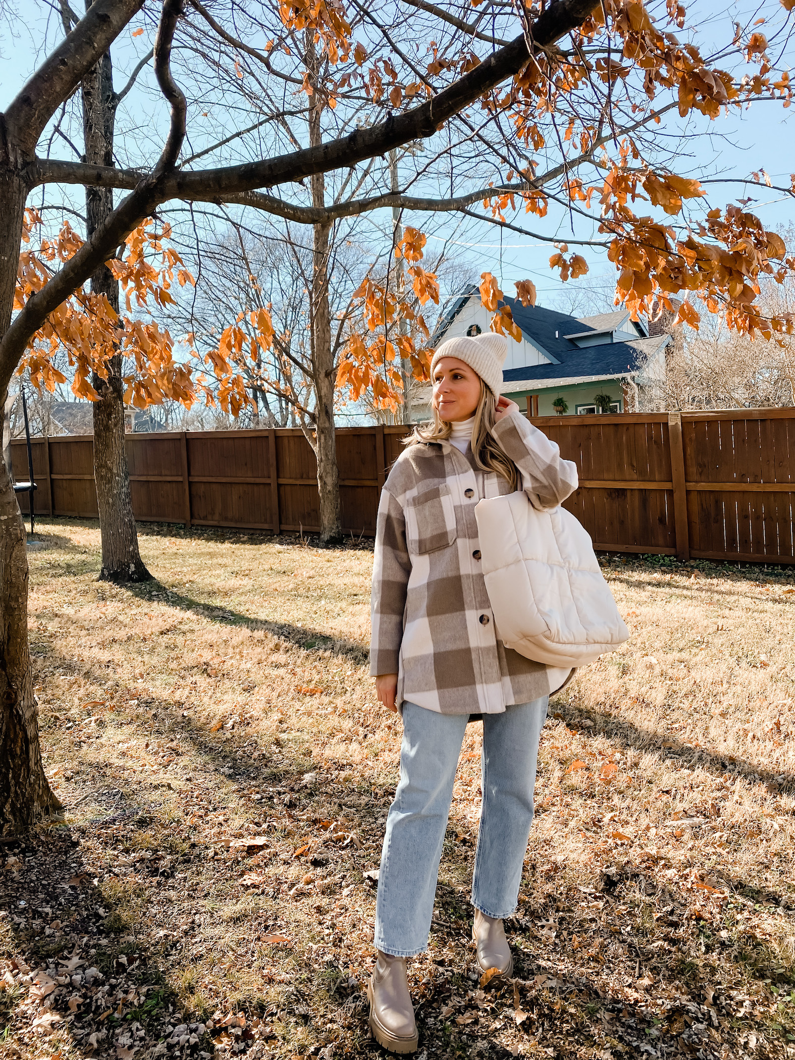 Plaid Shacket with White Turtleneck and Light Blue Jeans — Neutral Winter Outfits