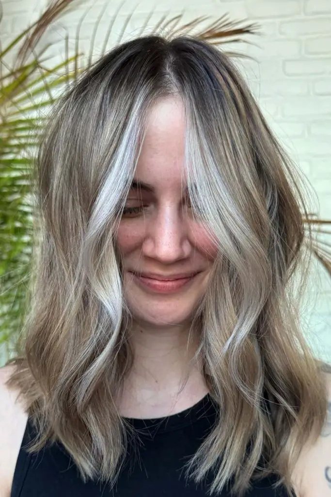 Ash Blonde Lob With Noticeable Darker Lowlights — A Woman With A Lob Haircut Ash Blonde Lob With Noticeable Darker Lowlights — A Woman With A Lob Haircut — Lowlights for Blonde Hair