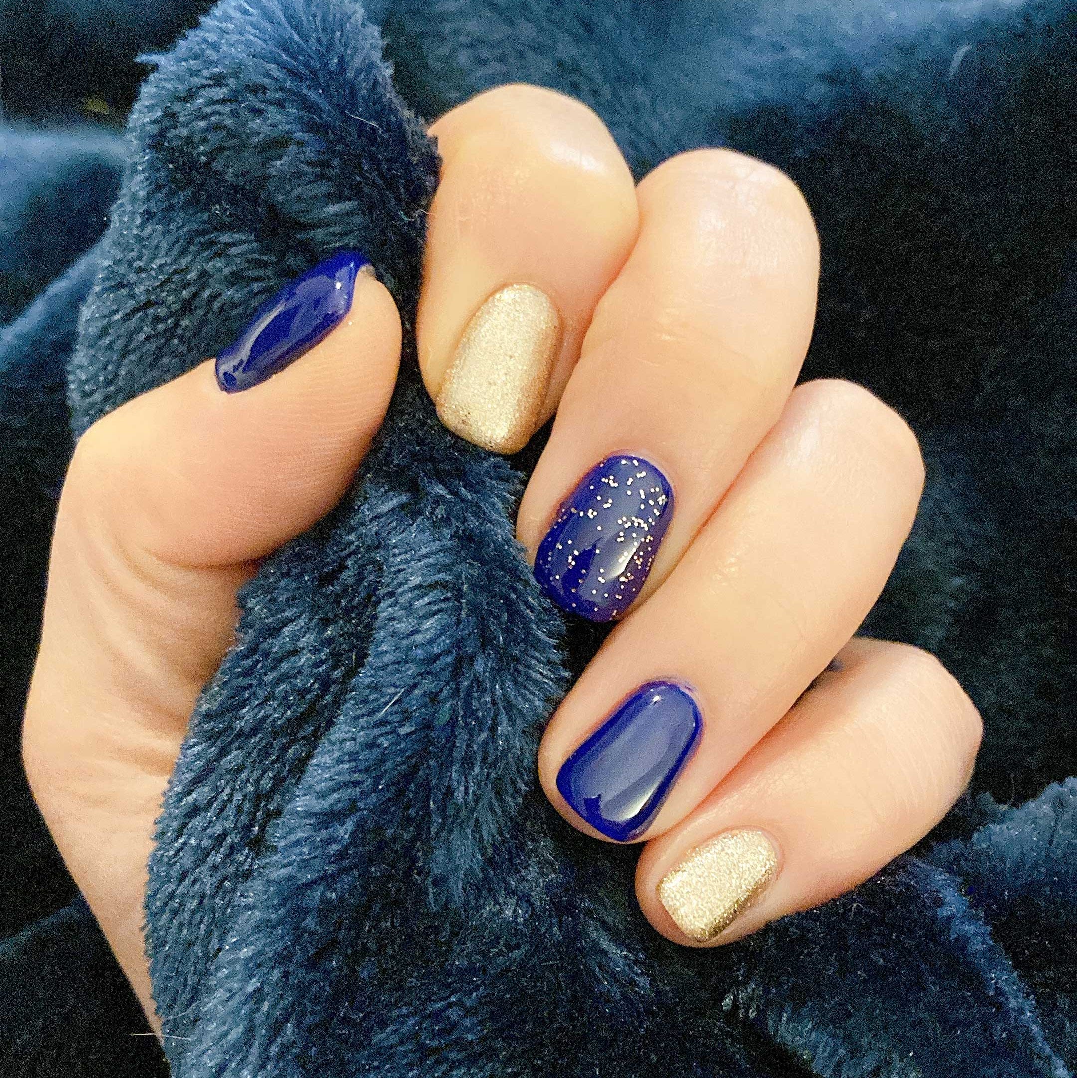 Deep Blue Metallic with Gold Glitter Deep Blue Metallic with Gold Glitter — Winter Nail Colors for Women Over 40