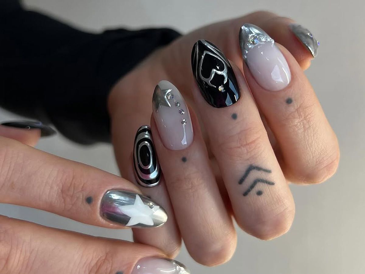 Black and Nude with Silver Chrome Accents — Chrome Nail Designs
