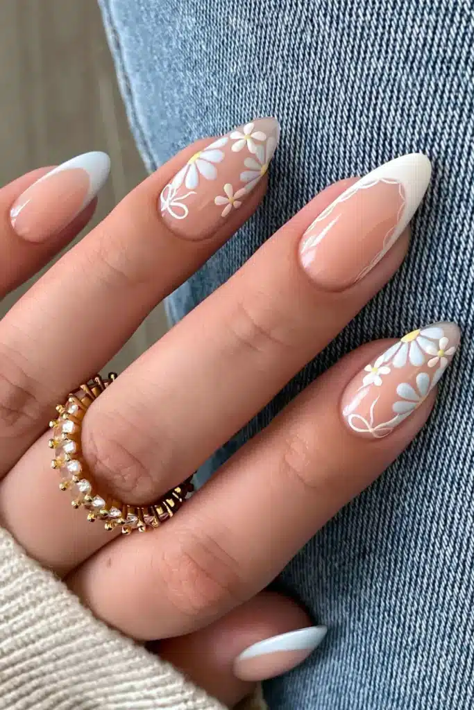 Sheer Nude with White Floral French Tips Sheer Nude with White Floral French Tips — Classy Simple Nail Designs