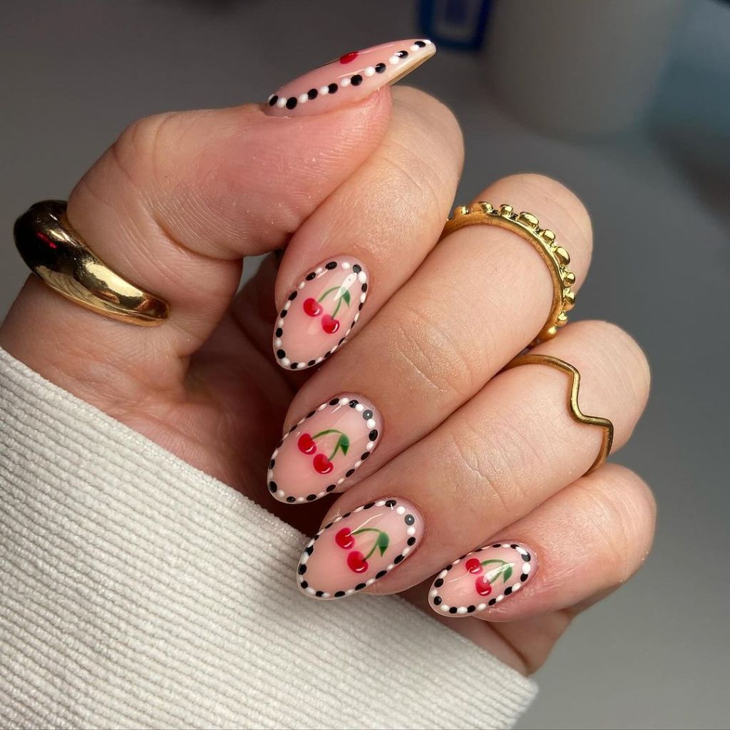 Cherry Motif with Polka Dot Border — Cherry Red Nails