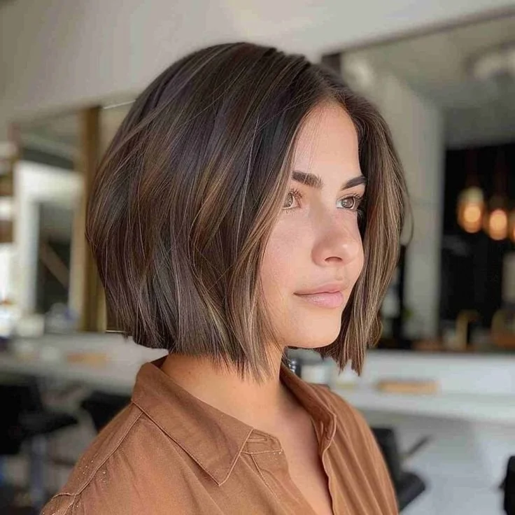 Dark Brown Bob With Caramel Highlights — A Chin-Length Bob With A Middle Part Dark Brown Bob With Caramel Highlights — A Chin-Length Bob With A Middle Part — Winter Hair Colors for Short Hair