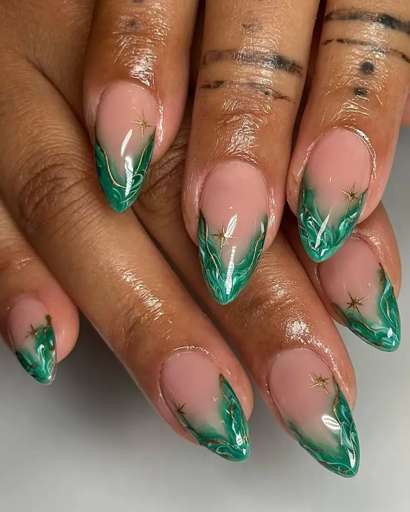 Medium Almond Emerald Swirl French Tips Medium Almond Emerald Swirl French Tips — Emerald Green Nails