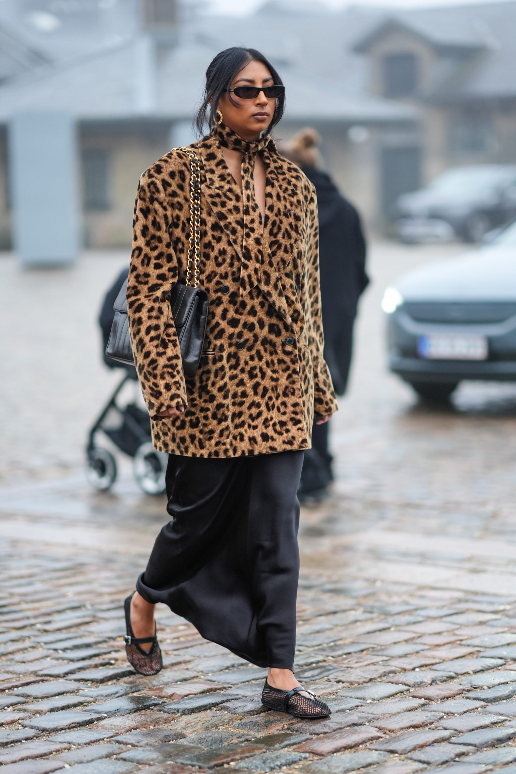 Leopard Jacket with Silk Dress and Mesh Flats Leopard Jacket with Silk Dress and Mesh Flats — Leopard Coat Outfits