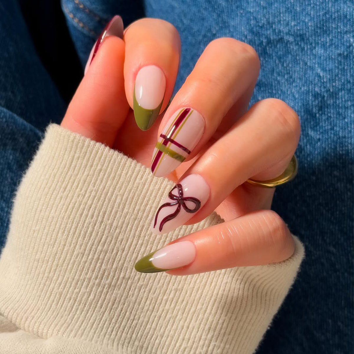Olive Green French with Plaid and Bow Nails Olive Green French with Plaid and Bow Nails — Winter Formal Nails