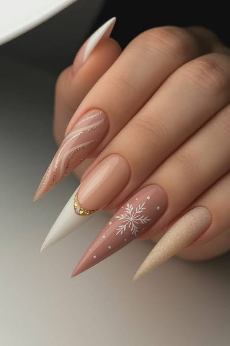Nude Snowflake Gold Embellishment Stilettos Nude Snowflake Gold Embellishment Stilettos — Winter Stiletto Nails