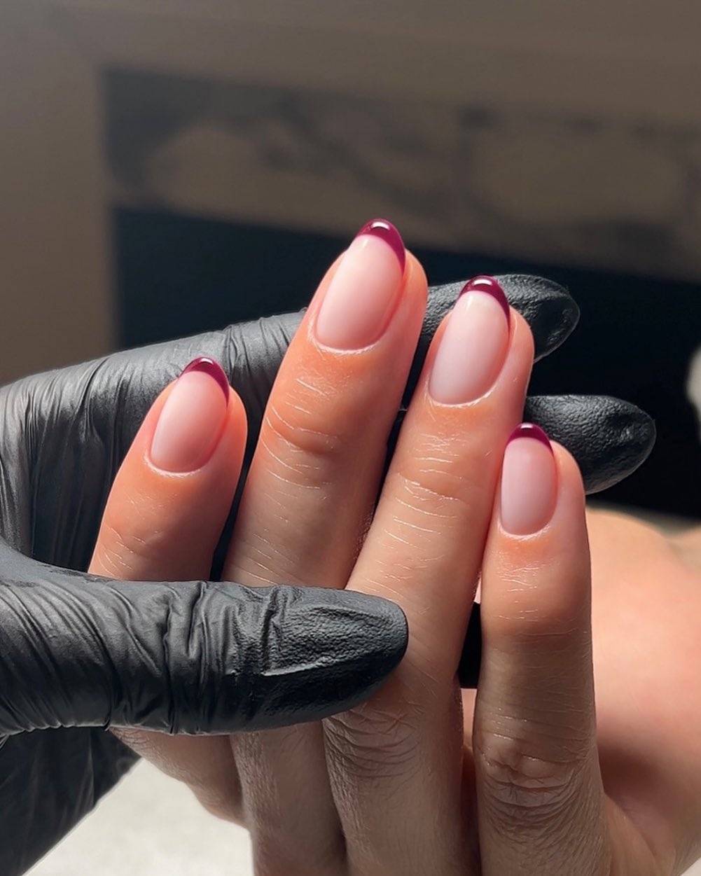 Burgundy French Tips on Natural Pink — Black Cherry Nails