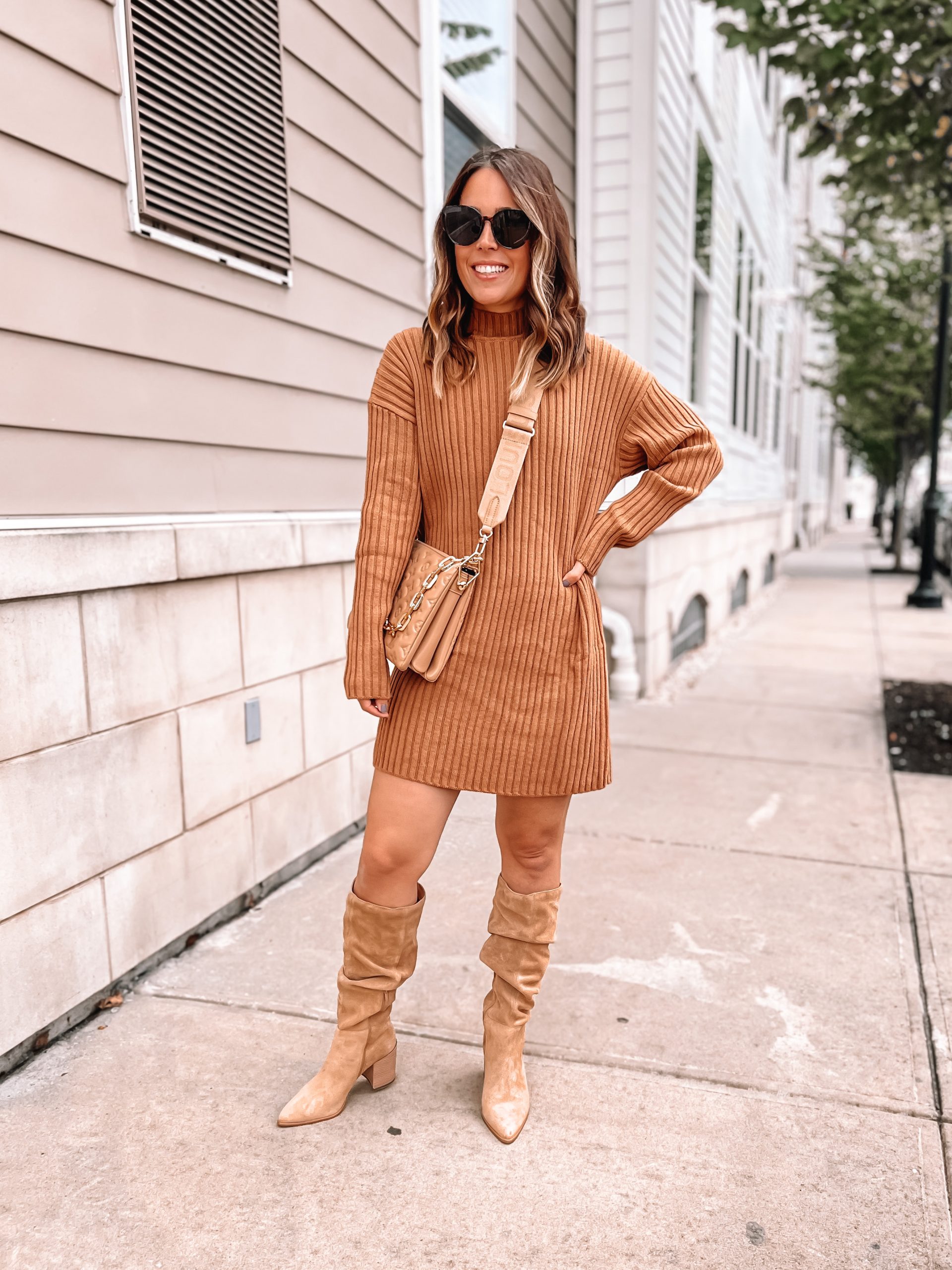 Brown Ribbed Knit Dress with Monochromatic Tan Accessories Brown Ribbed Knit Dress with Monochromatic Tan Accessories — Sweater Dress Outfits