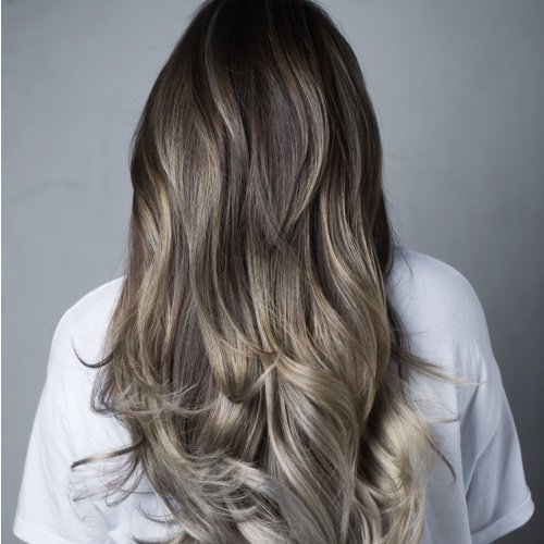Back View Medium Crop Dark Brown With Ash Blonde Grey Back View Medium Crop Dark Brown With Ash Blonde Grey — Reverse Balayage