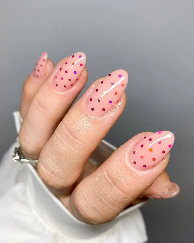 Sheer Pink with Multi-Colored Dot Accents Sheer Pink with Multi-Colored Dot Accents — Winter Nail Colors for Women Over 40
