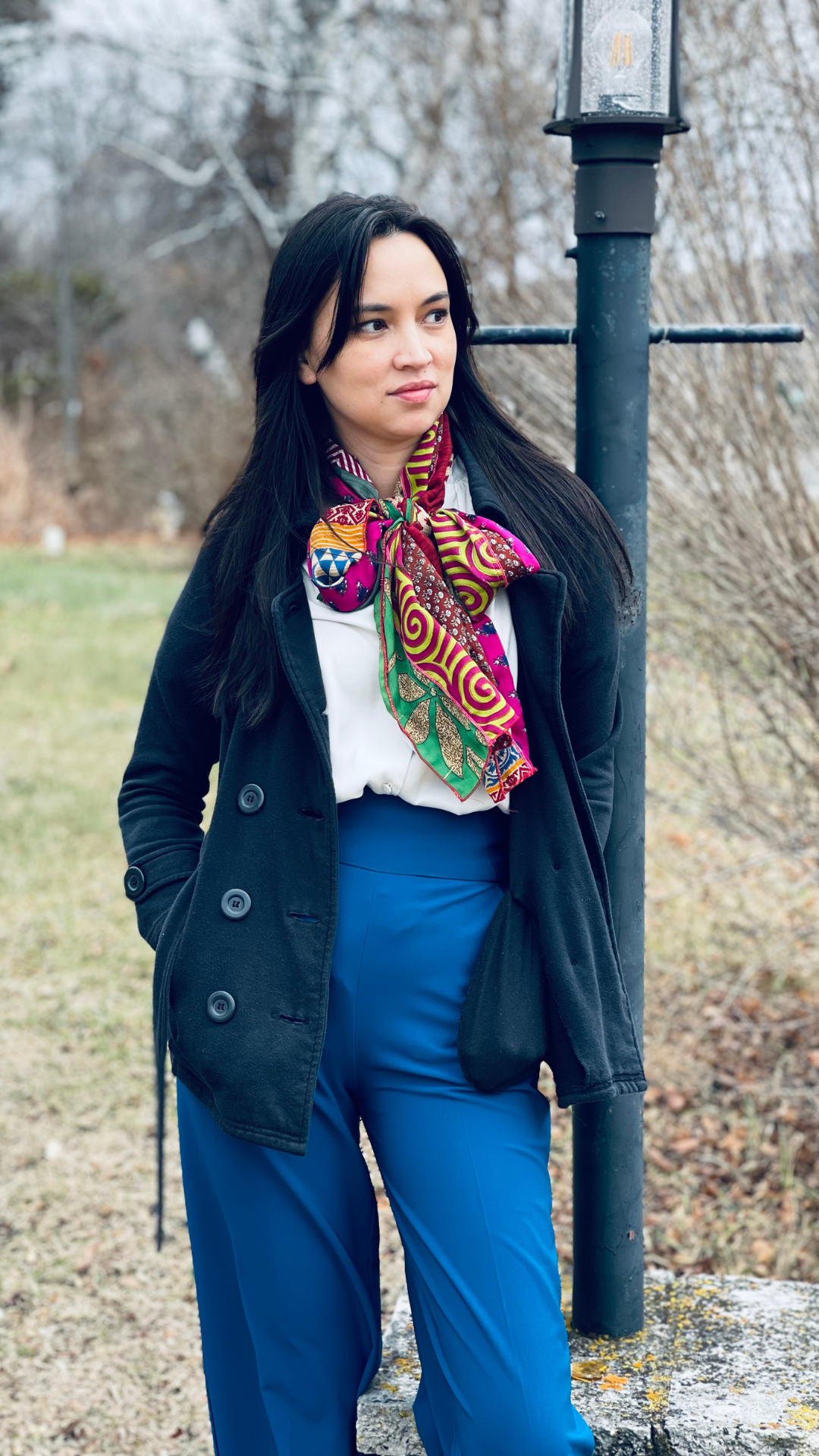 Vibrant Silk Scarf as a Neck Accent Vibrant Silk Scarf as a Neck Accent — Scarf Outfits