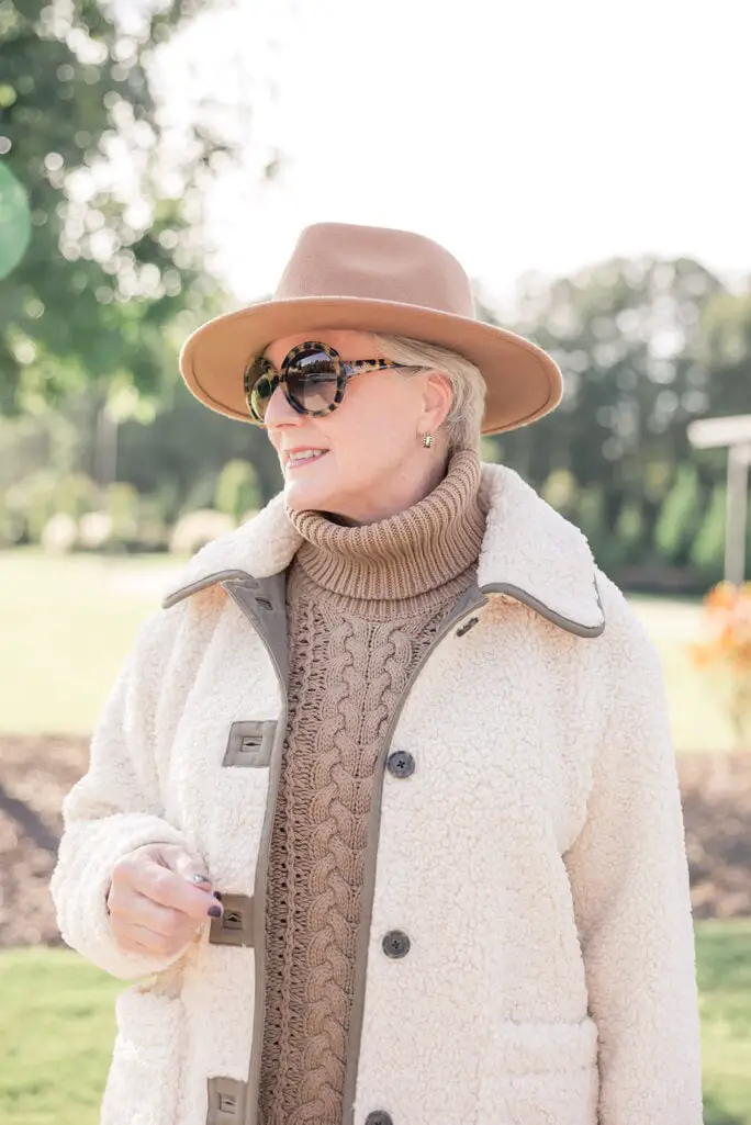 Cream Fleece Coat with Tan Trim and Fedora Cream Fleece Coat with Tan Trim and Fedora — Winter Coats for Women