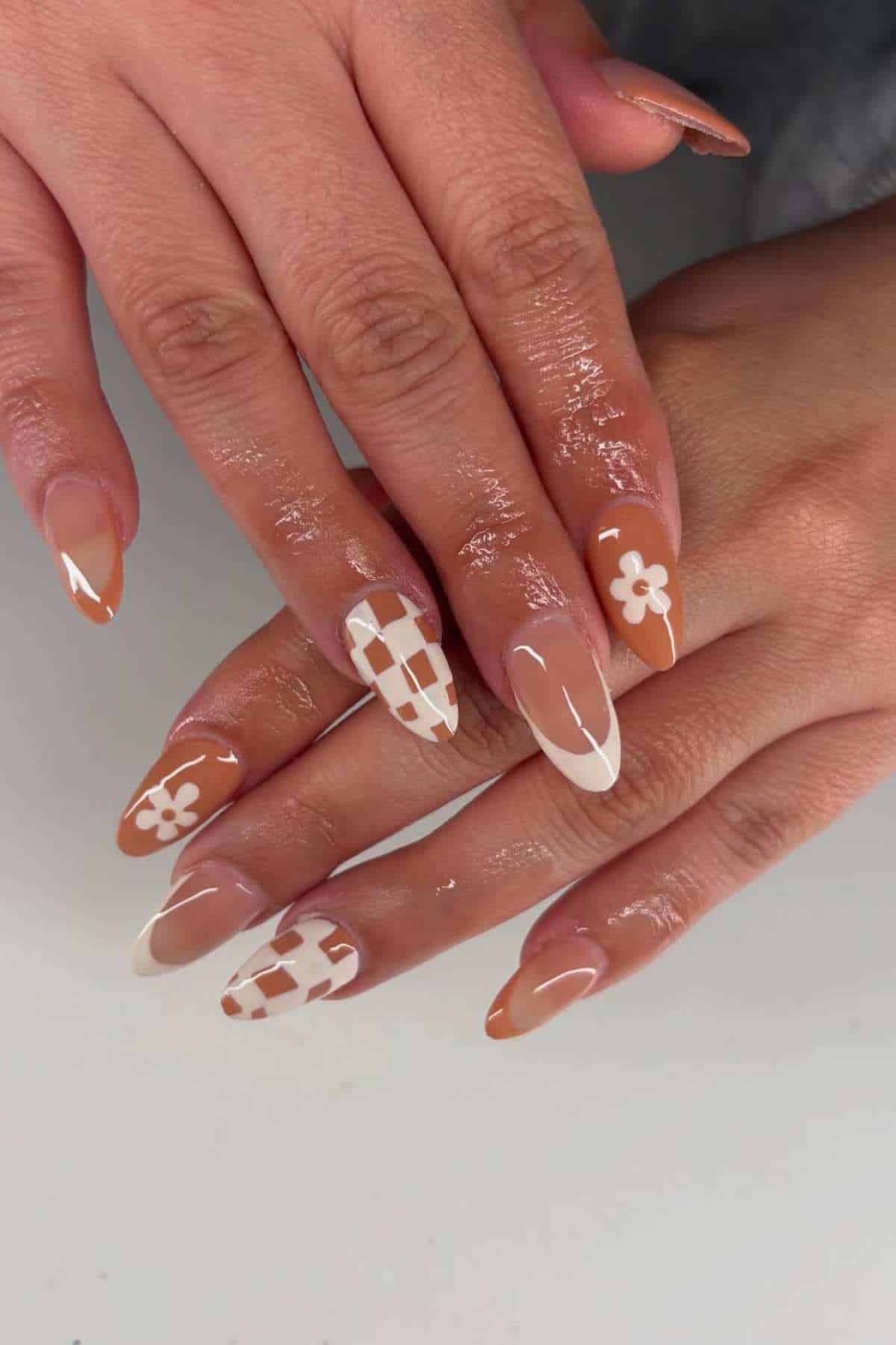Checkerboard Floral French Almonds Checkerboard Floral French Almonds — Almond Nail Inspo