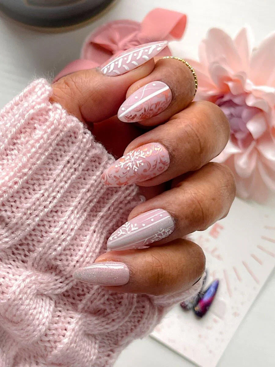 Snowflake Stripe Glitter Stiletto Nails — Winter Wedding Nails