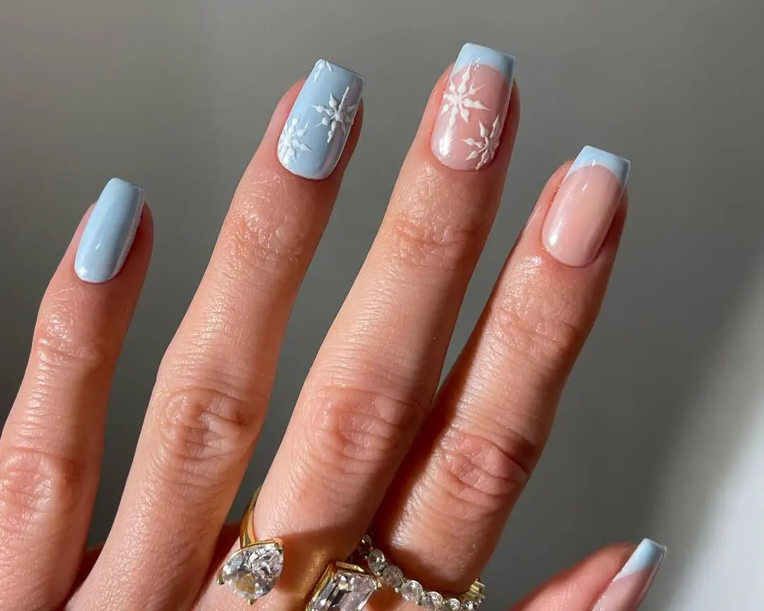 Light Blue Snowflakes and French Tips Light Blue Snowflakes and French Tips — Short Winter Gel Nails