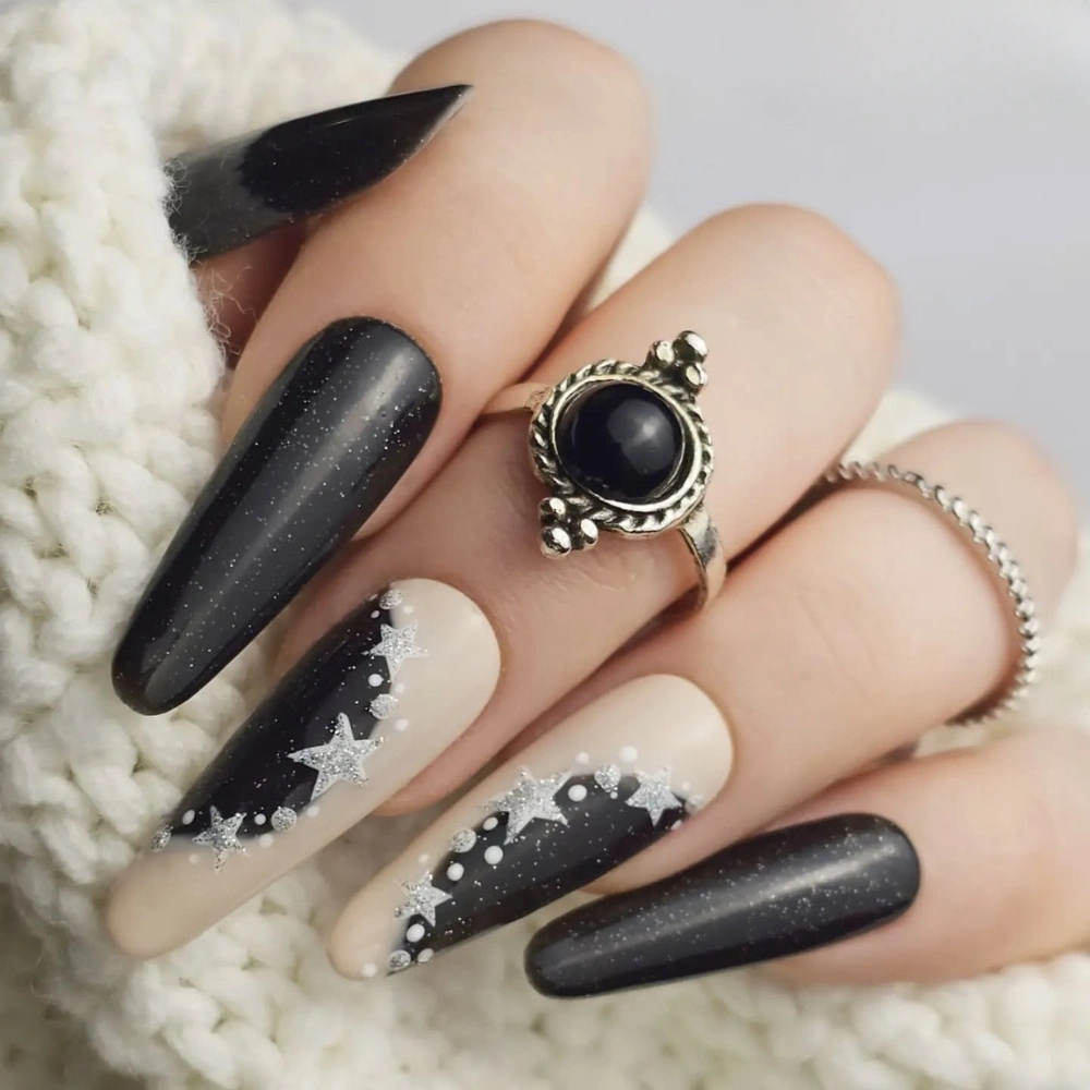 Black Glitter Star Dot Long Coffin Nails — Winter Gel Nails