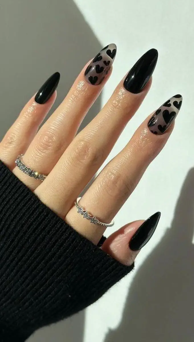 Long Stiletto Black Hearts on Nude Long Stiletto Black Hearts on Nude — Black Nail Ideas