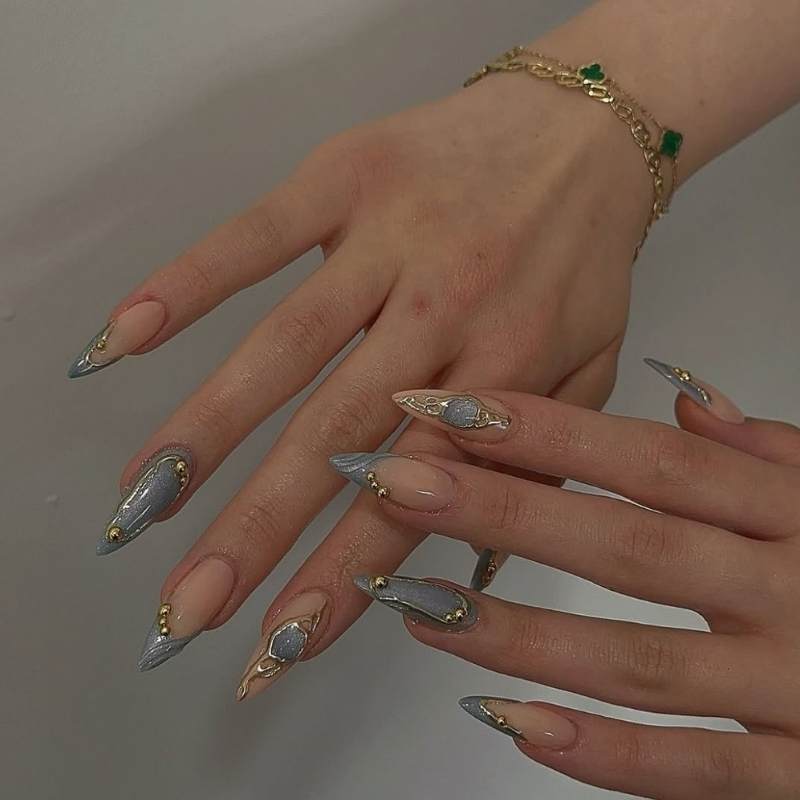 Nude Blue Grey Gold Accent Stilettos Nude Blue Grey Gold Accent Stilettos — Long Winter Nails