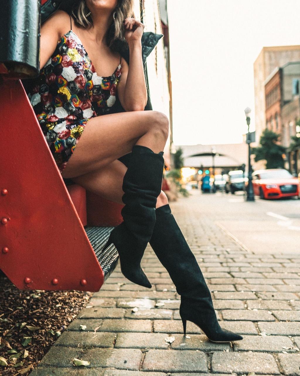 Sequined Mini Dress with Black Suede Slouchy Boots — Knee High Boots Outfits