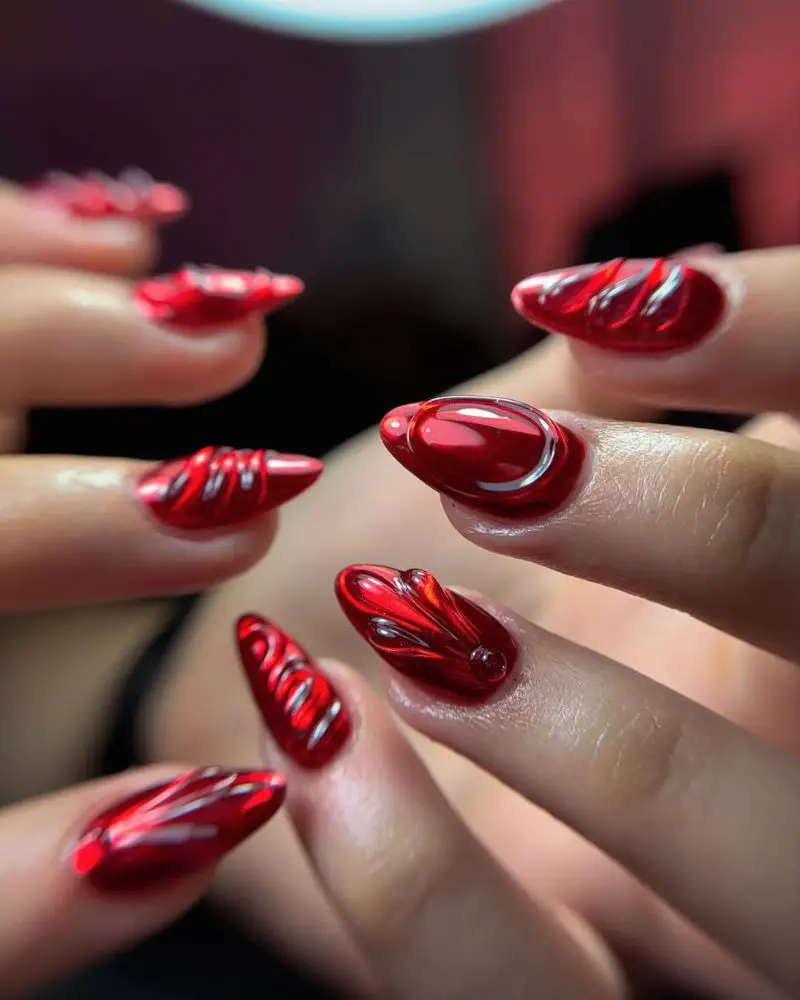 Vibrant Metallic Red Chrome Stilettos — Chrome Nail Designs