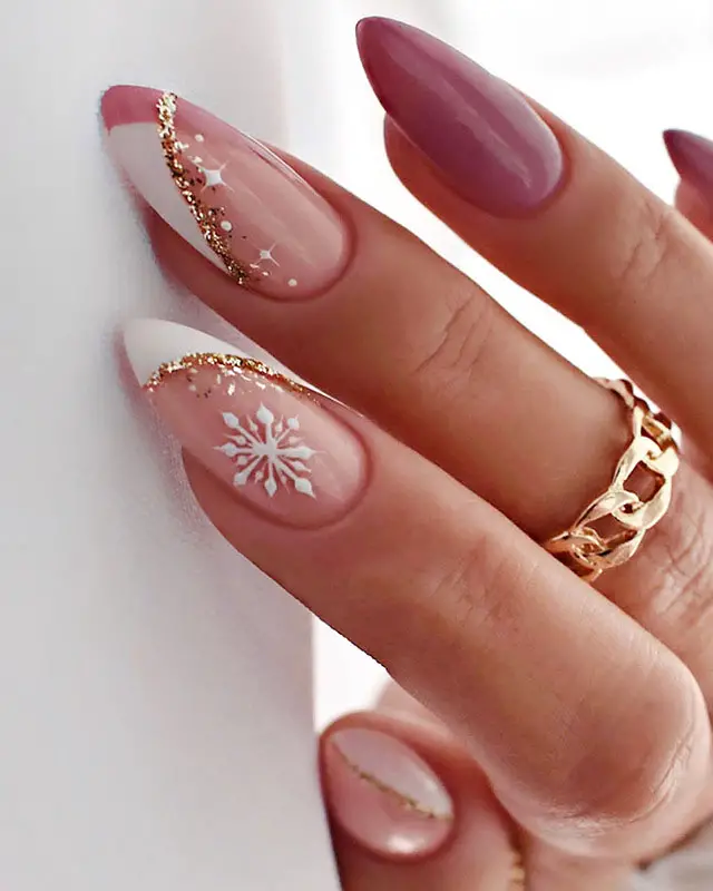 Nude French Snowflake Gold Glitter Almond Nails Nude French Snowflake Gold Glitter Almond Nails — Winter Acrylic Nails
