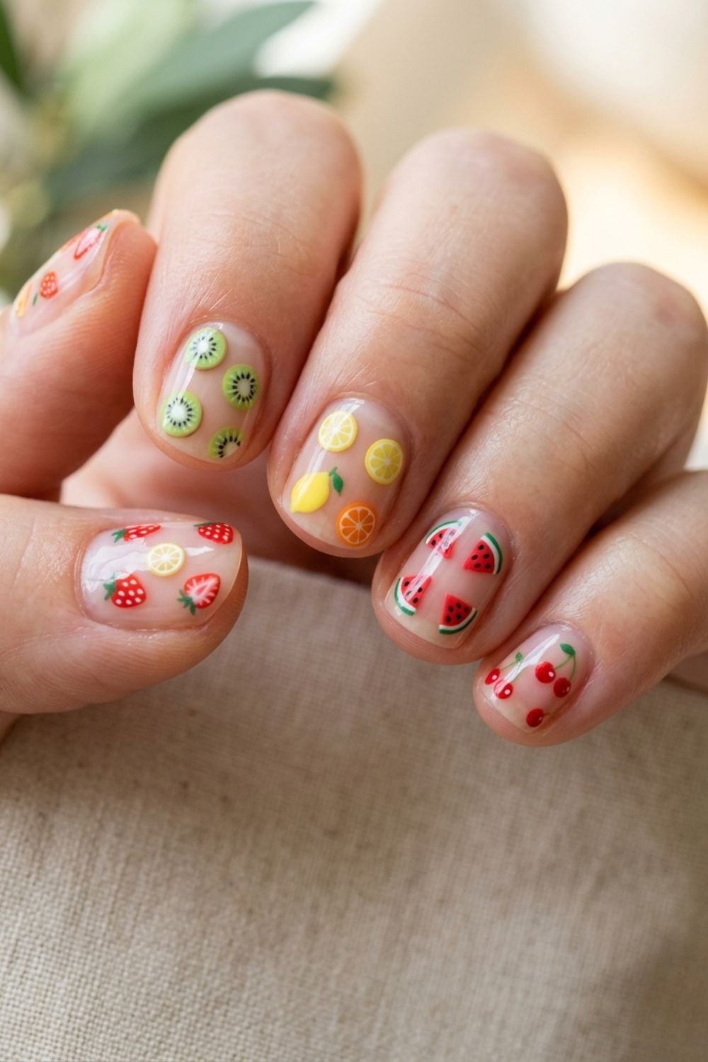 Fruity Sticker Short Round Nails Fruity Sticker Short Round Nails — Nail Art Ideas