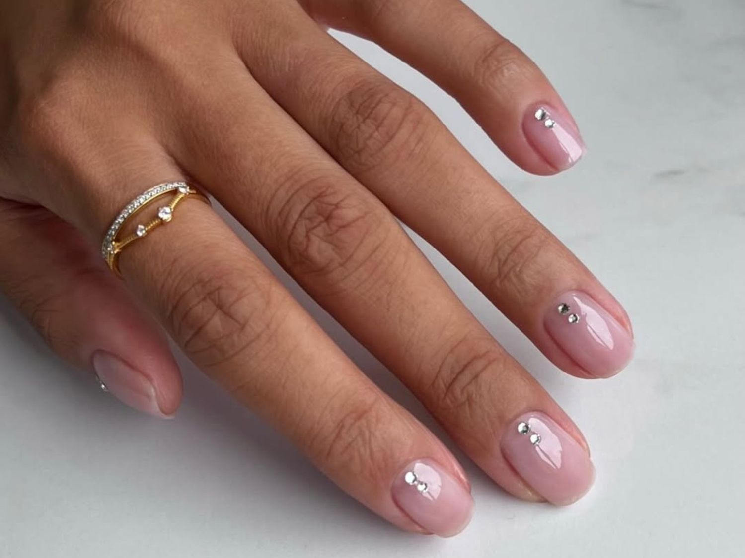 Muted Pink with Clear Rhinestone Accents Muted Pink with Clear Rhinestone Accents — Classy Simple Nail Designs