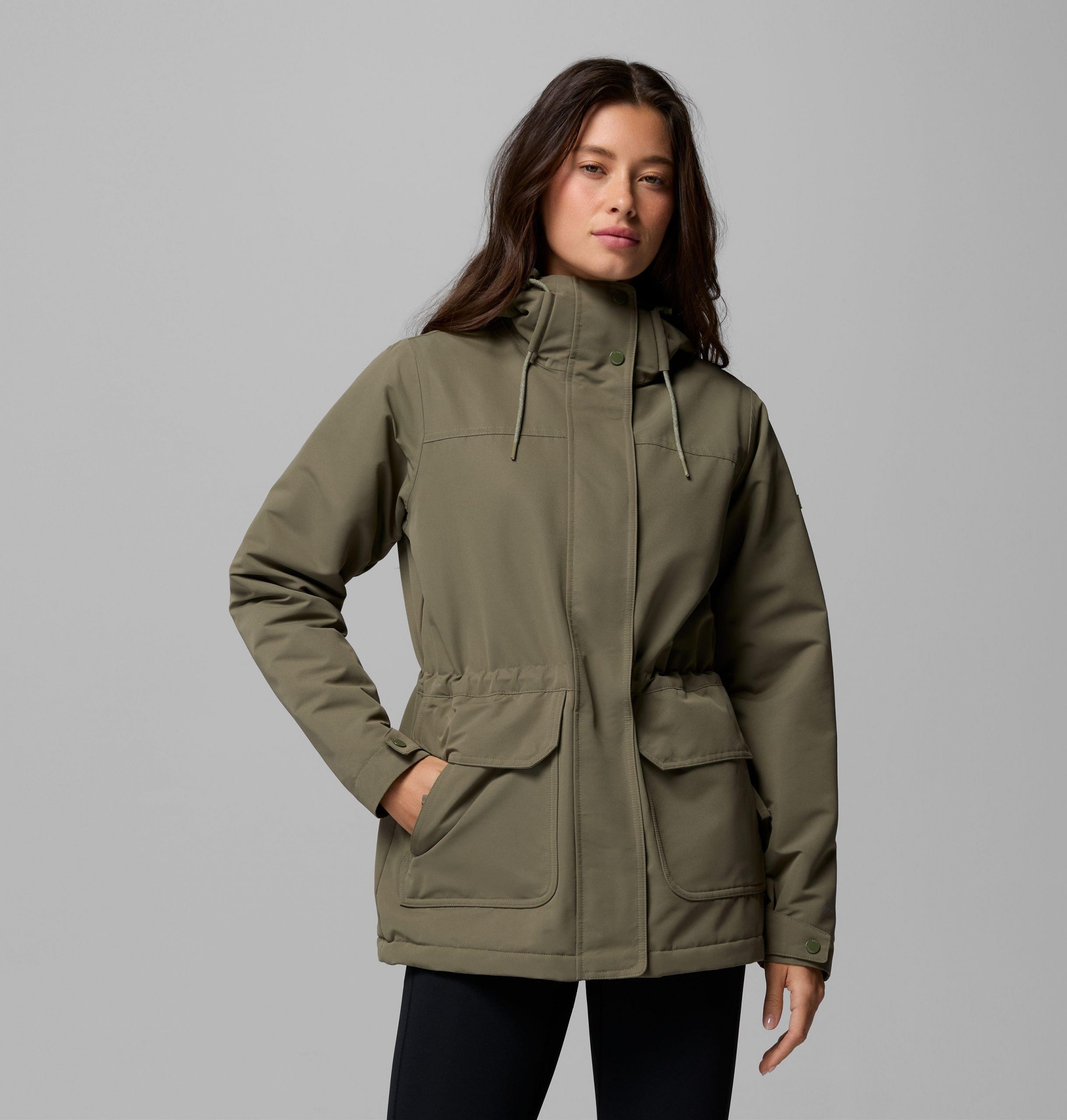Fitted Olive Green Parka with Drawstring Waist — Winter Jackets for Women