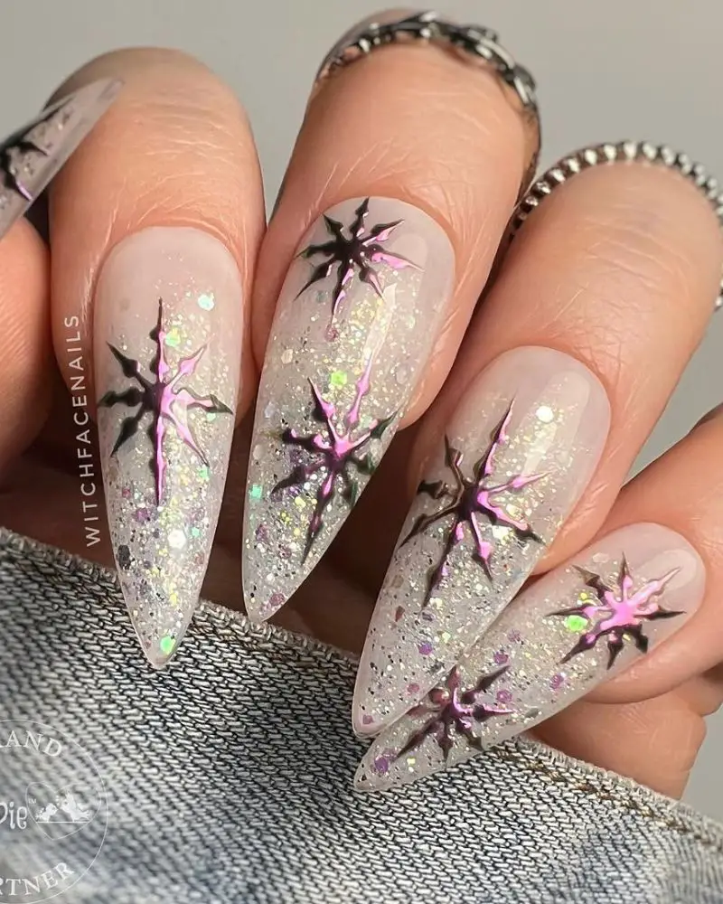 Milky White Glitter Starburst Stilettos Milky White Glitter Starburst Stilettos — Winter Stiletto Nails