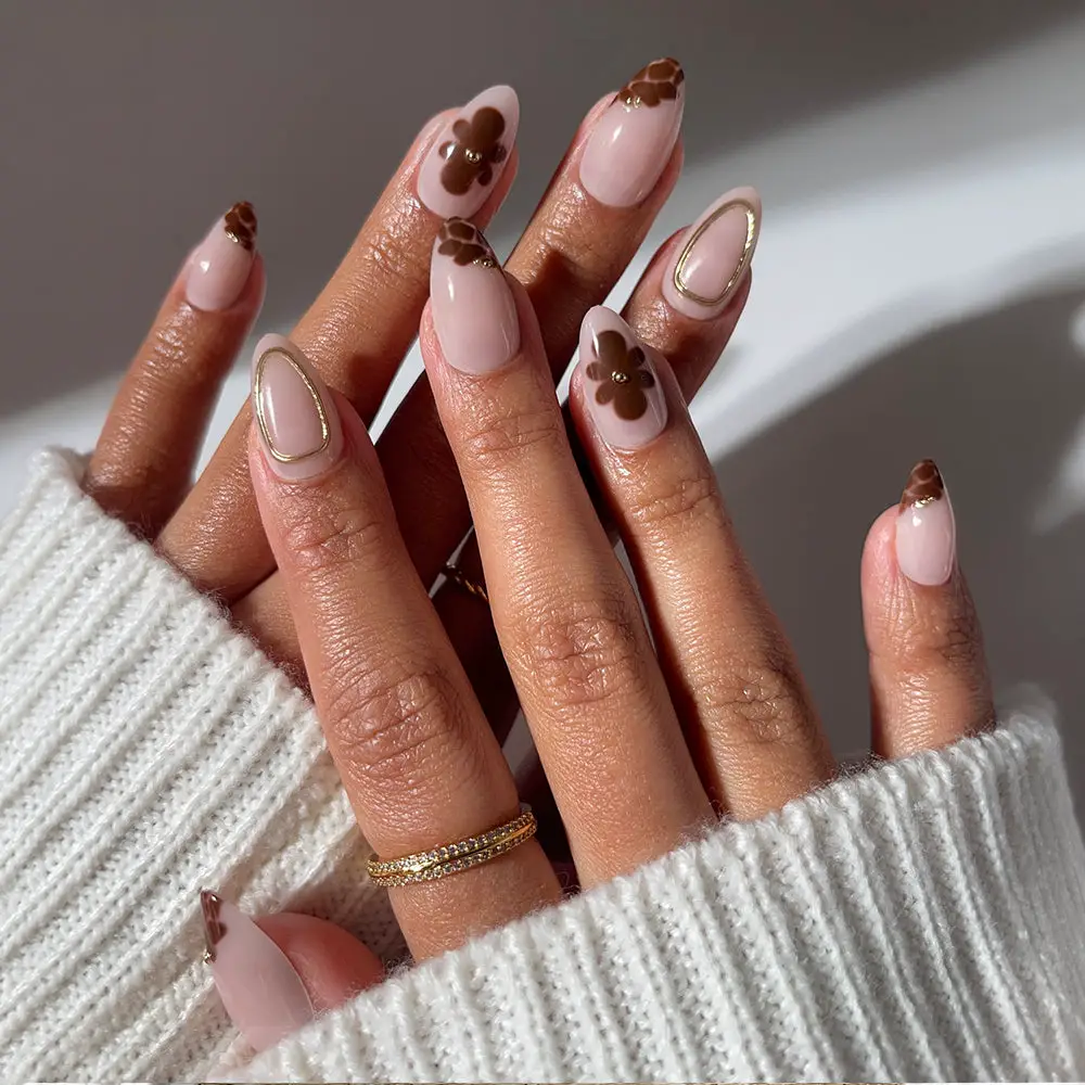 Brown Floral Gold Outline Almonds Brown Floral Gold Outline Almonds — Almond Nail Designs