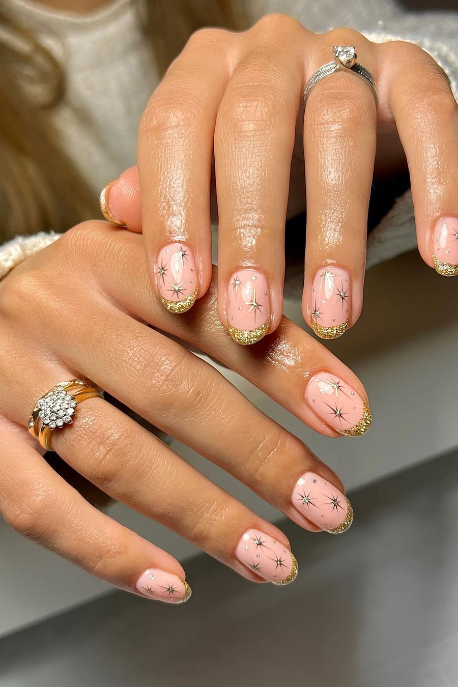 Pale Pink with Gold Glitter French Tips Pale Pink with Gold Glitter French Tips — Medium Length Winter Nails