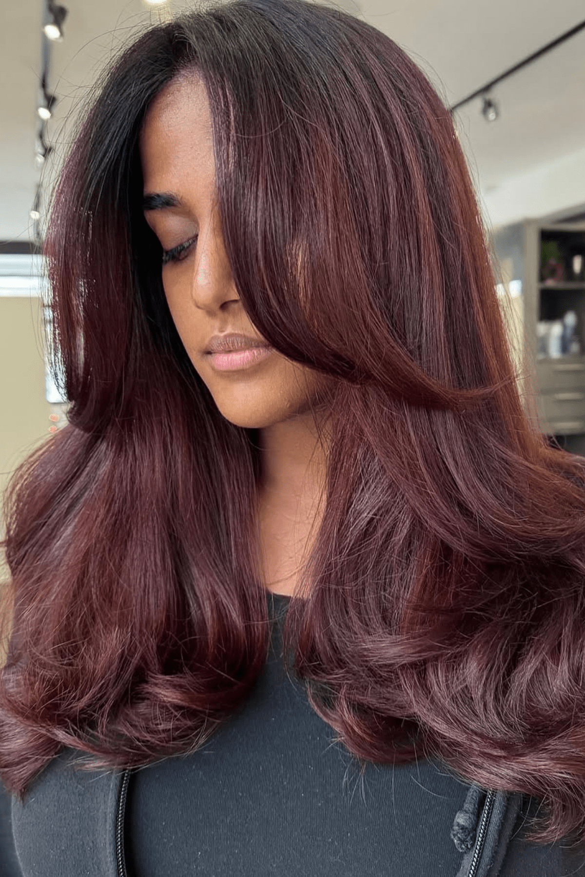Deep Burgundy With Soft Waves Deep Burgundy With Soft Waves — Winter Hair Colors for Olive Skin