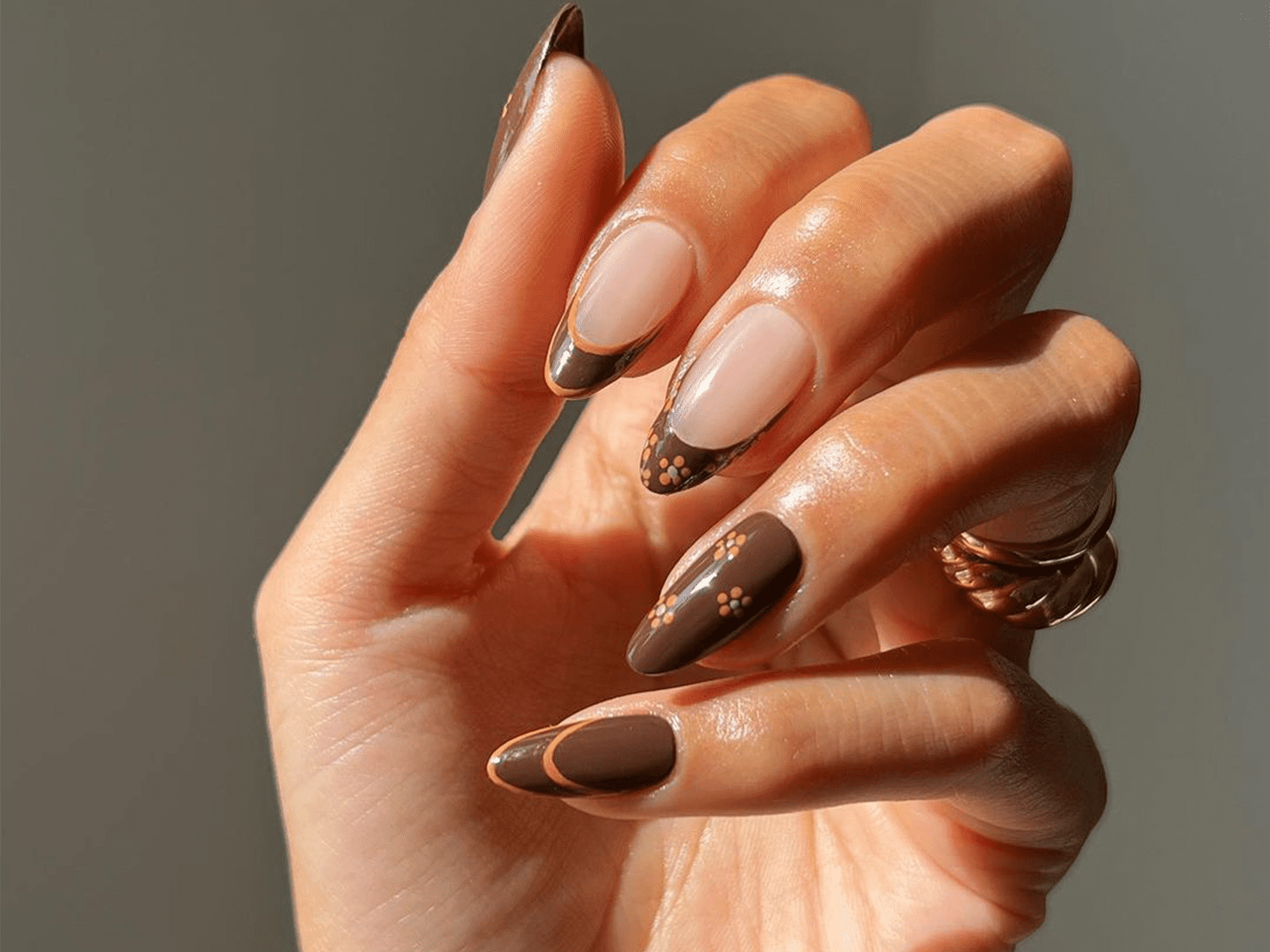 Chocolate Brown Dot French Almonds Chocolate Brown Dot French Almonds — Almond Nail Inspo