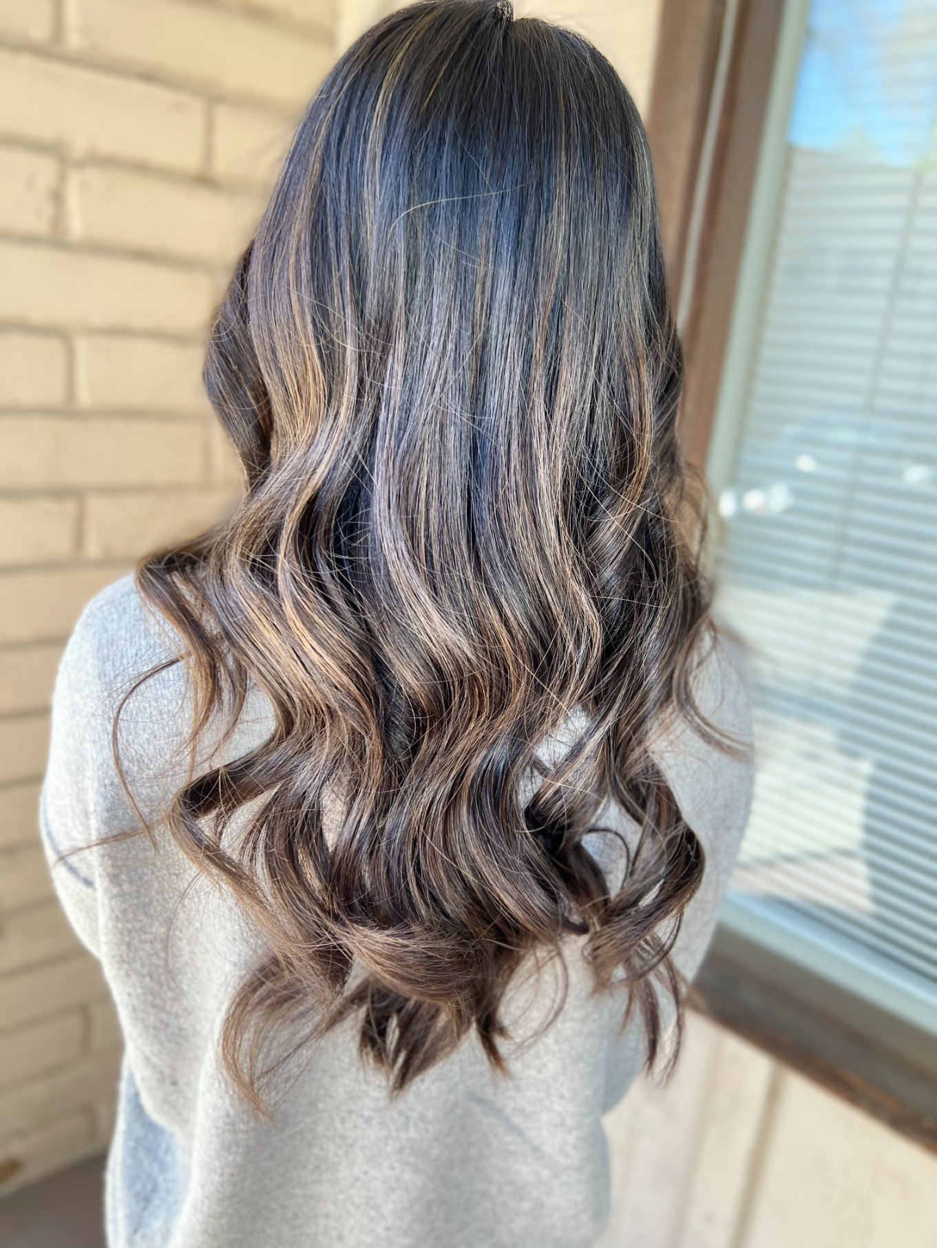 Back View Dark Brown With Caramel Ash Blonde Back View Dark Brown With Caramel Ash Blonde — Reverse Balayage