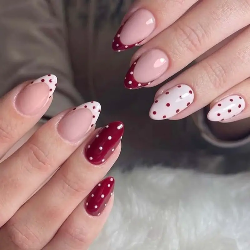 Red White Polka Dot French Almonds Red White Polka Dot French Almonds — Trendy Almond Nail Designs