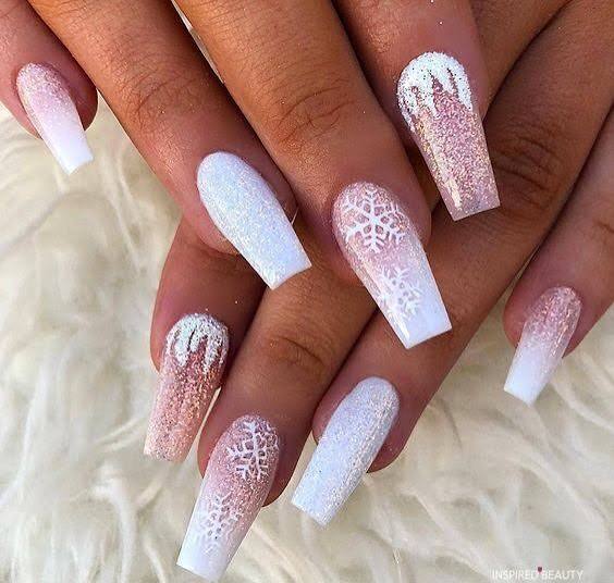 White Pink Glitter Snowflake Coffins White Pink Glitter Snowflake Coffins — Long Winter Nails