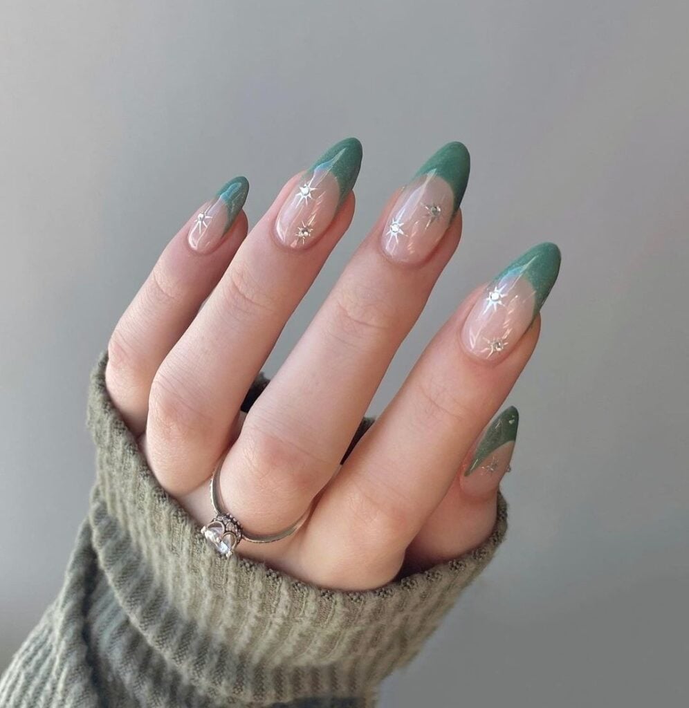 Muted Green Star French Tip Almond Muted Green Star French Tip Almond — Winter Green Nails