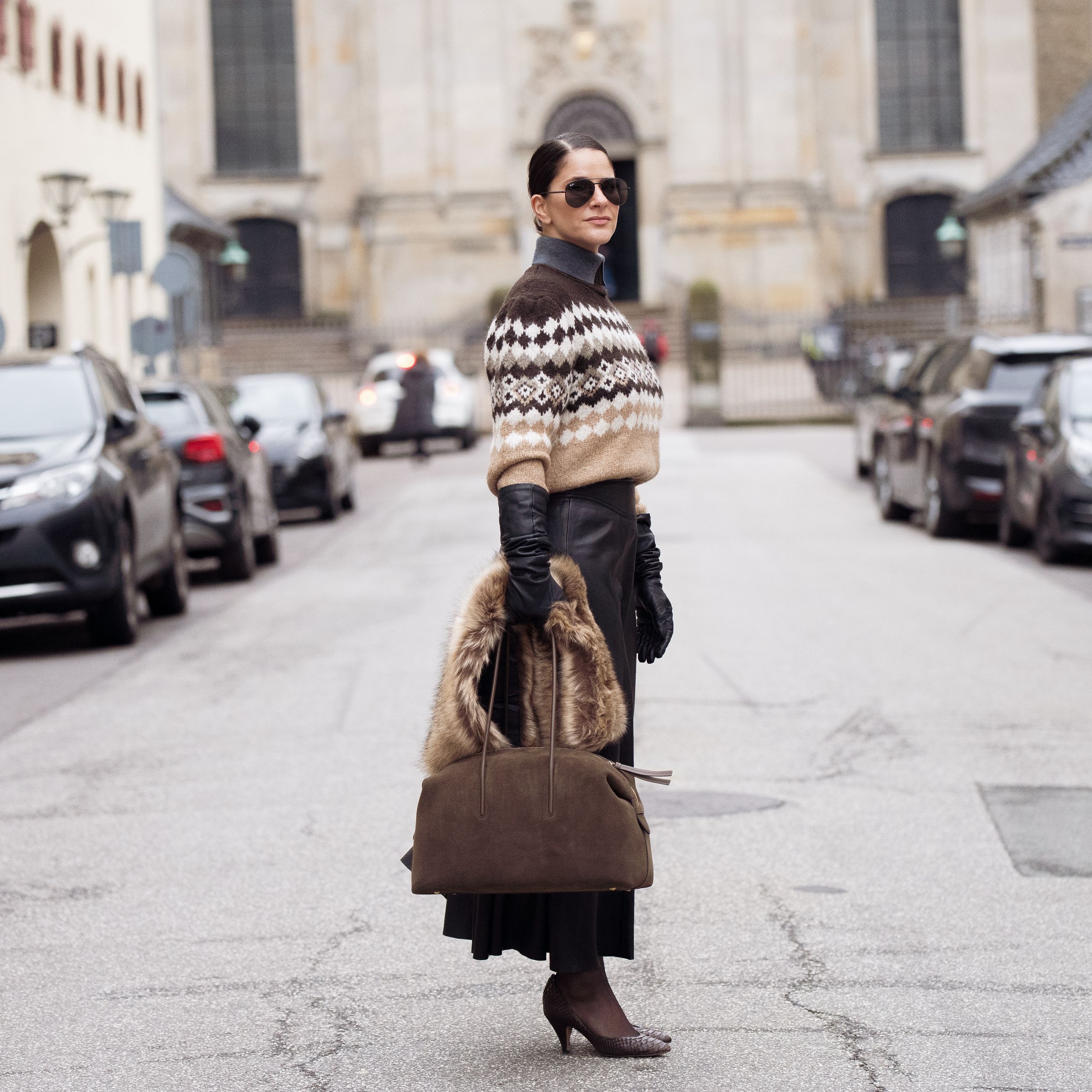 Fair Isle Sweater with Fur-Trimmed Handbag Fair Isle Sweater with Fur-Trimmed Handbag — Boho Winter Outfits