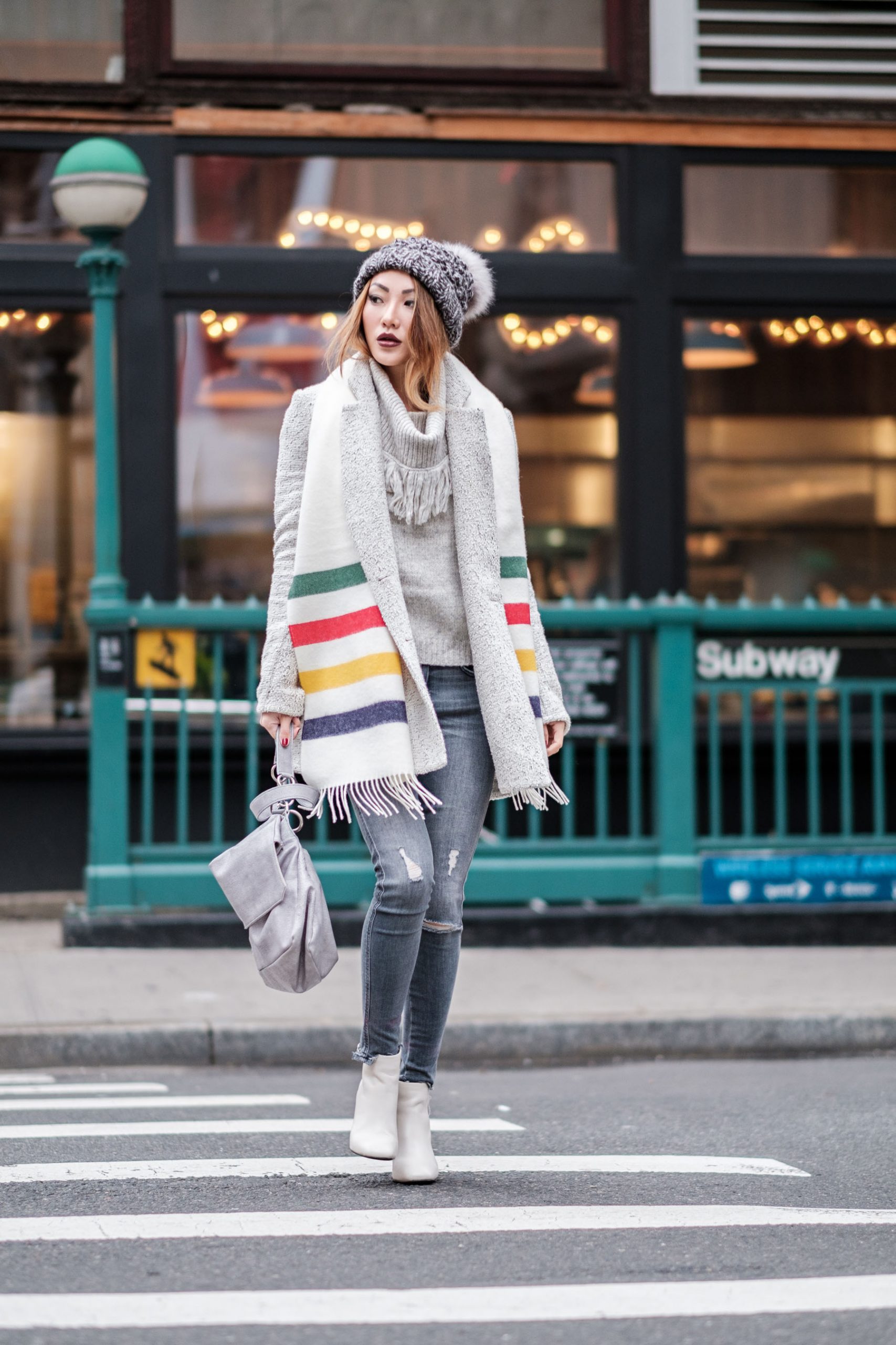 Vibrant Printed Silk Scarf with a Grey Ensemble Vibrant Printed Silk Scarf with a Grey Ensemble — Scarf Outfits