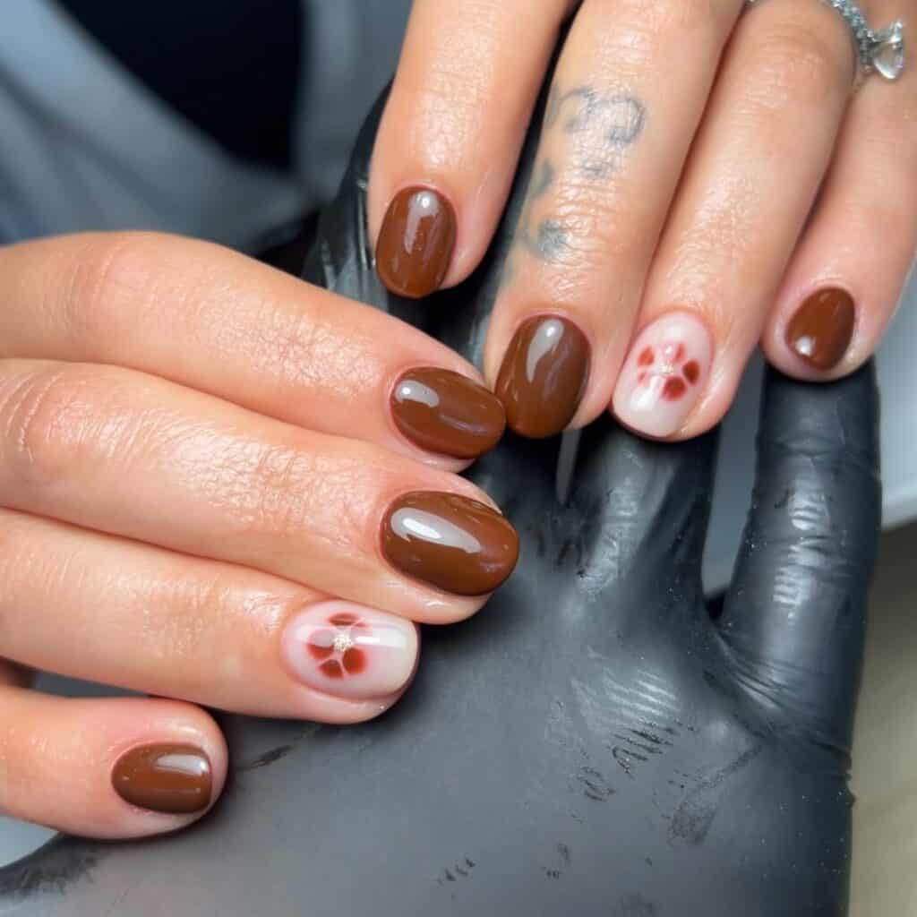 Medium Brown with Red Floral Decals — Brown Nail Designs