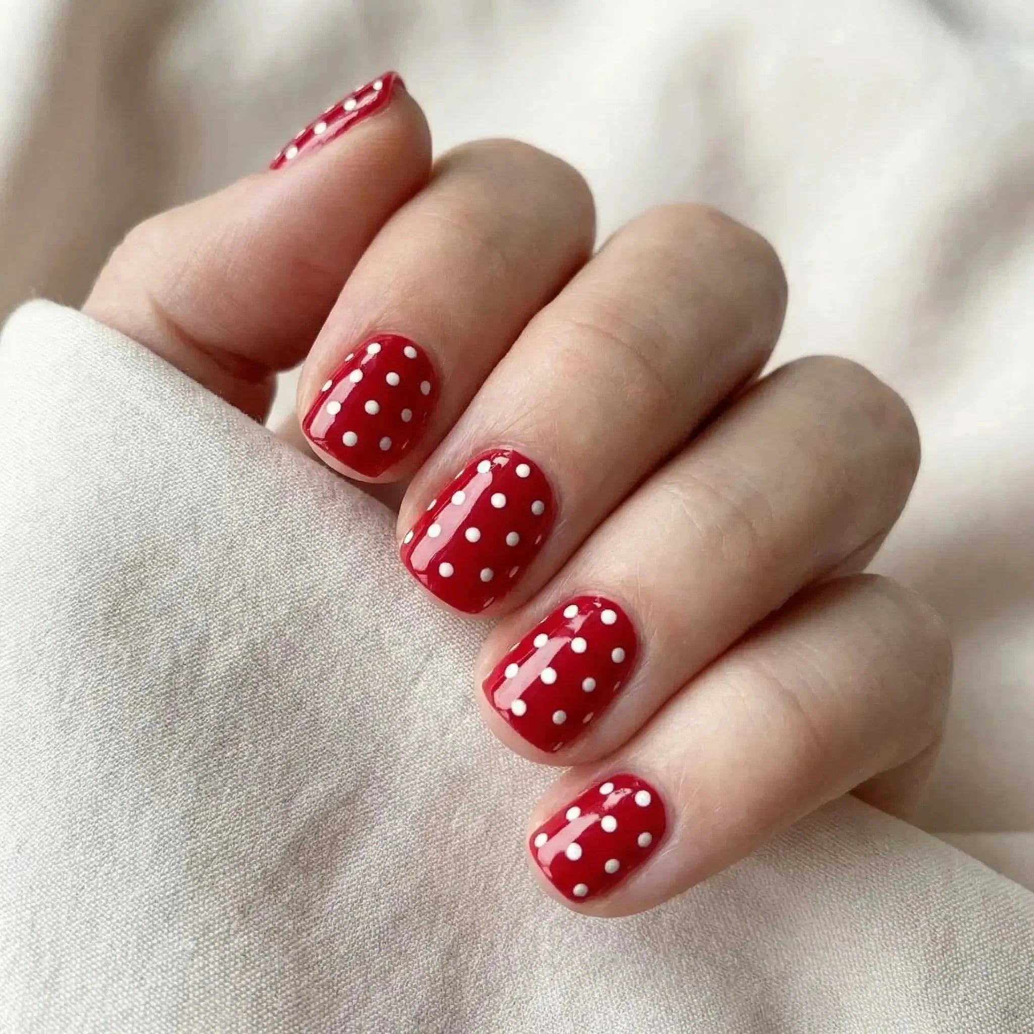 Short Square Bright Red White Polka Dots — Simple Nail Designs
