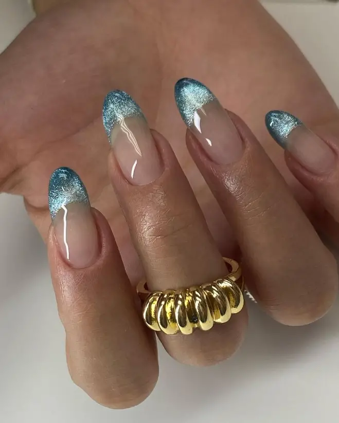 Clear Base with Blue Glitter French Tips Clear Base with Blue Glitter French Tips — Icy Blue Nails