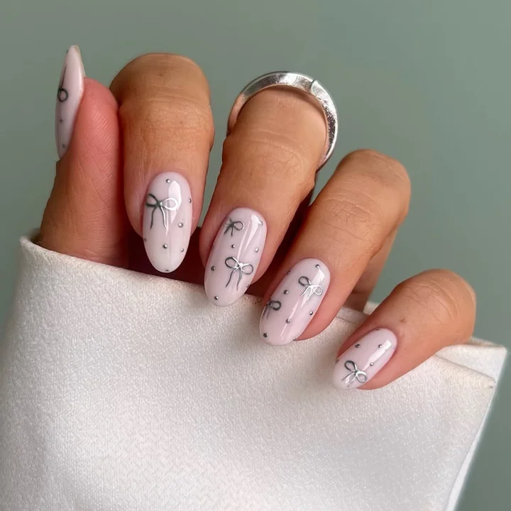 Silver Bows And Small Silver Dots Visual Idea Silver Bows And Small Silver Dots Visual Idea — Easy Nail Designs