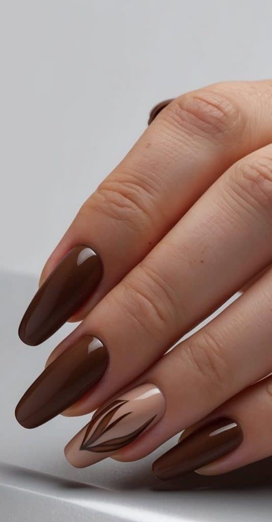 Deep Brown with Abstract Nude Lines — Brown Nail Designs