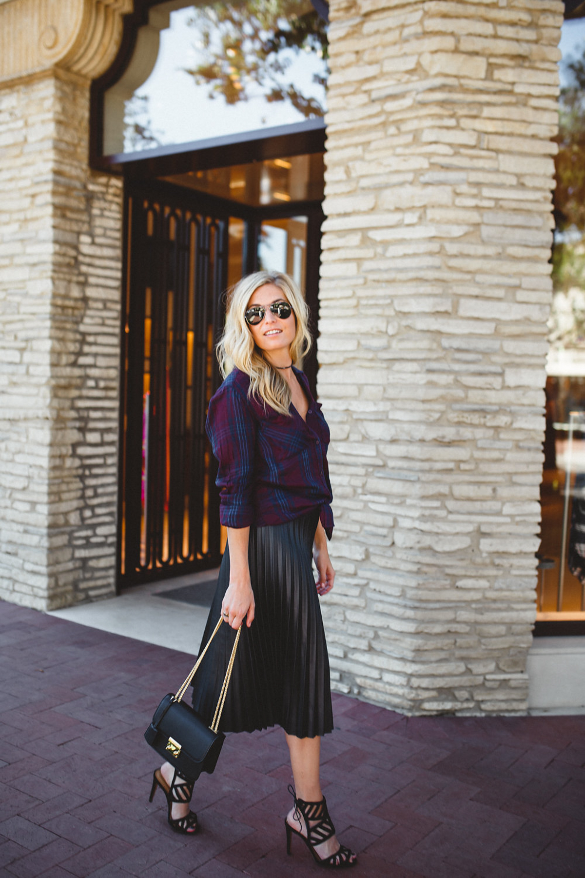 Classic Cool: Black Pleated Midi with Plaid Shirt Classic Cool: Black Pleated Midi with Plaid Shirt — Leather Skirt Outfits
