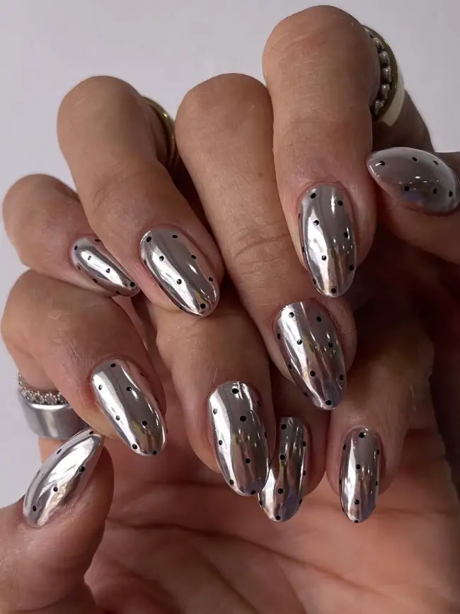 Silver Chrome with Black Polka Dots — Chrome Nail Designs